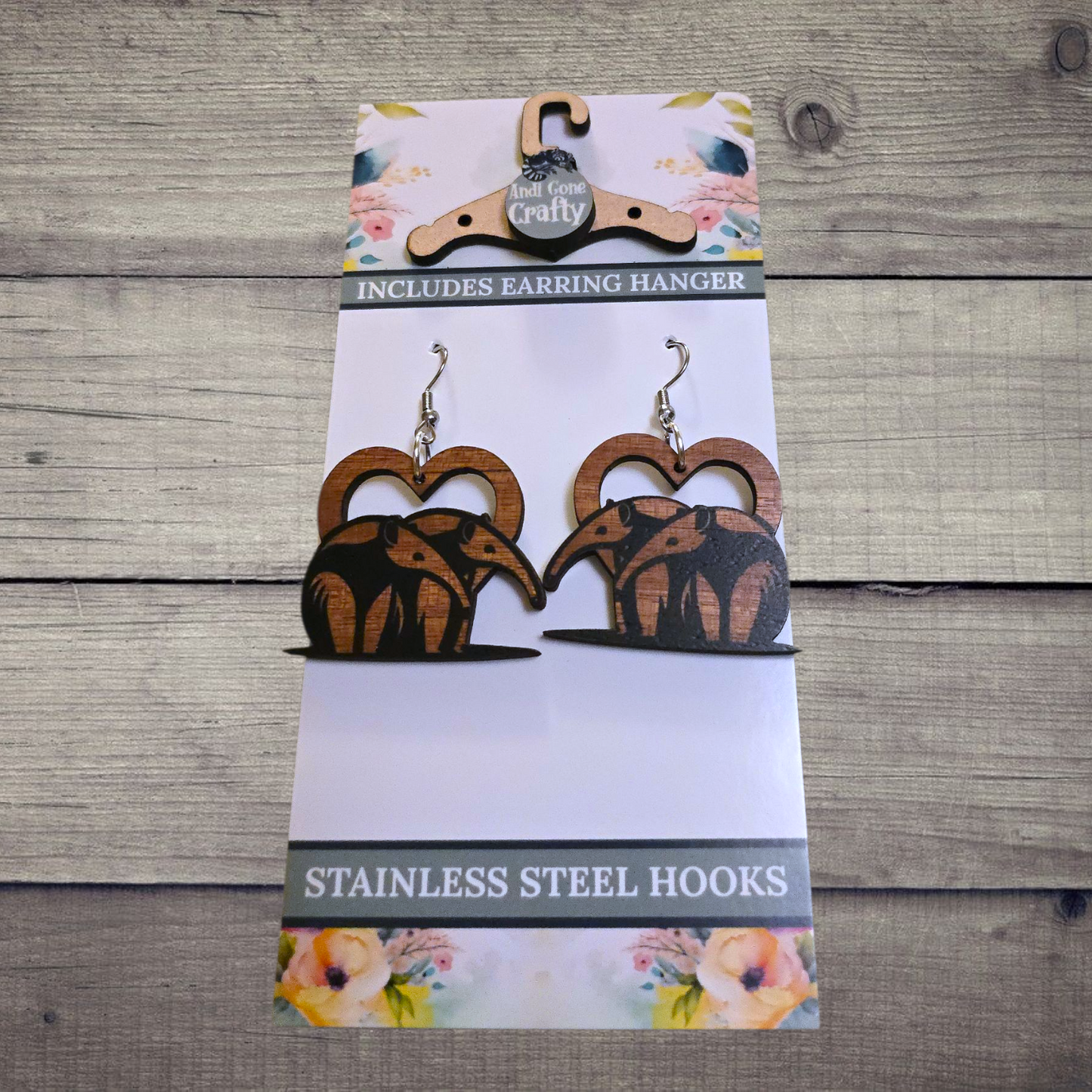 Anteater Love - (Lightweight Wood and Stainless Steel Hooks) -  Earring Number 300223