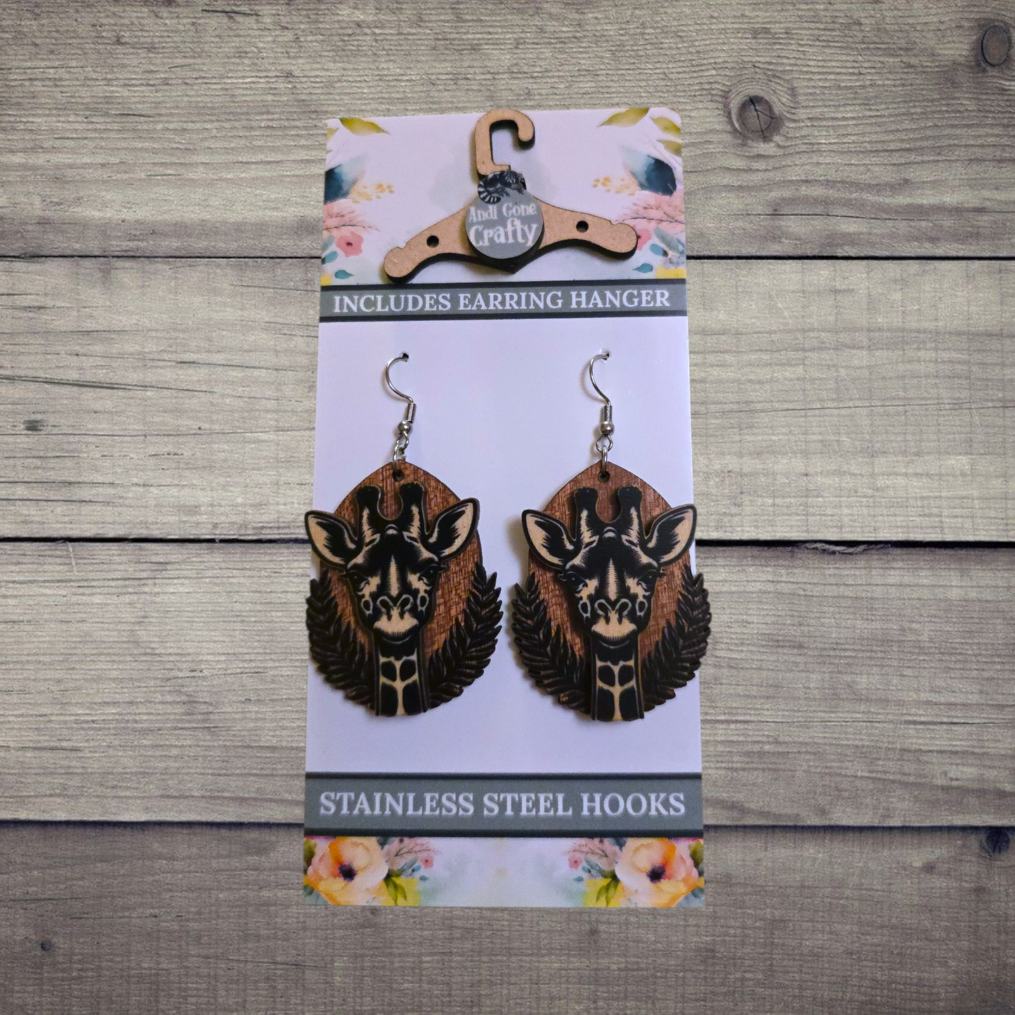 Giraffe - (Lightweight Wood and Stainless Steel Hooks) -  Earring Number 300213