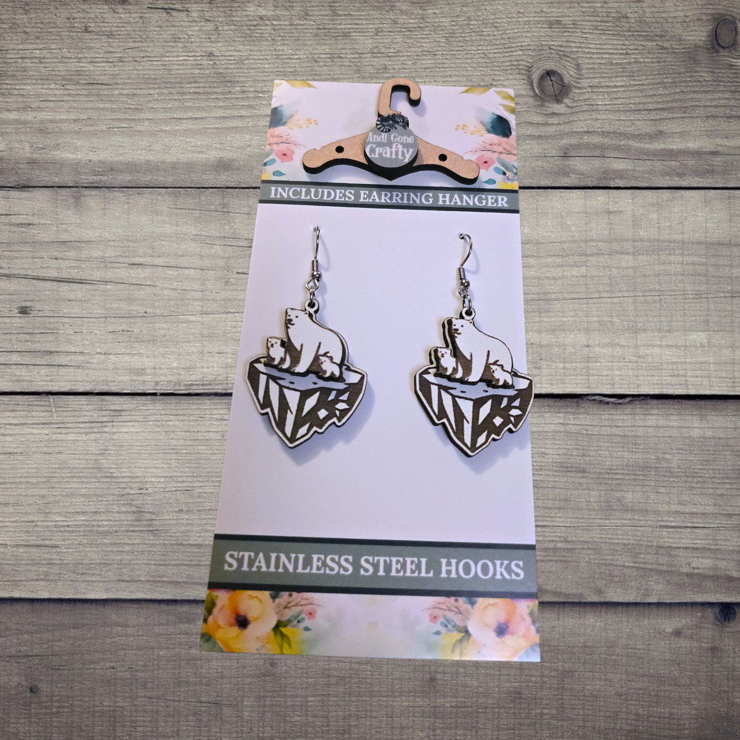 Polar Bear - (Lightweight Wood and Stainless Steel Hooks) -  Earring Number 300215