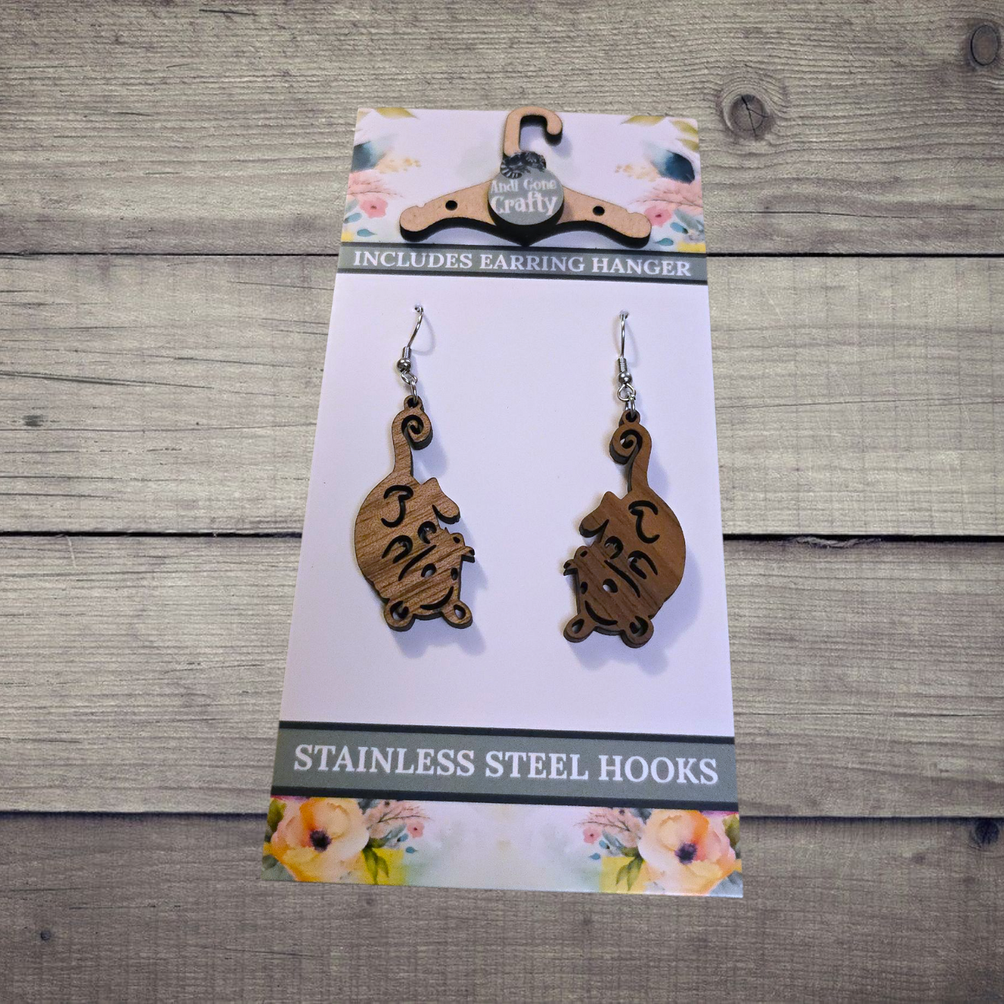 Opossum - (Lightweight Wood and Stainless Steel Hooks) -  Earring Number 300176