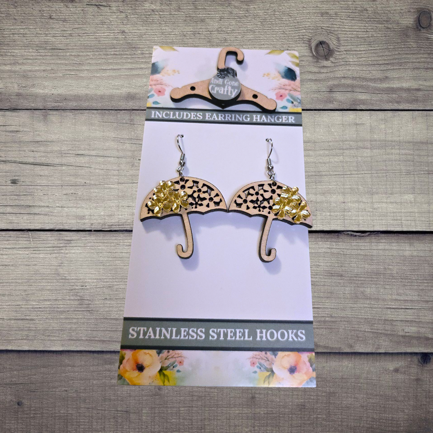 Umbrella - (Lightweight Wood and Stainless Steel Hooks) -  Earring Number 300183