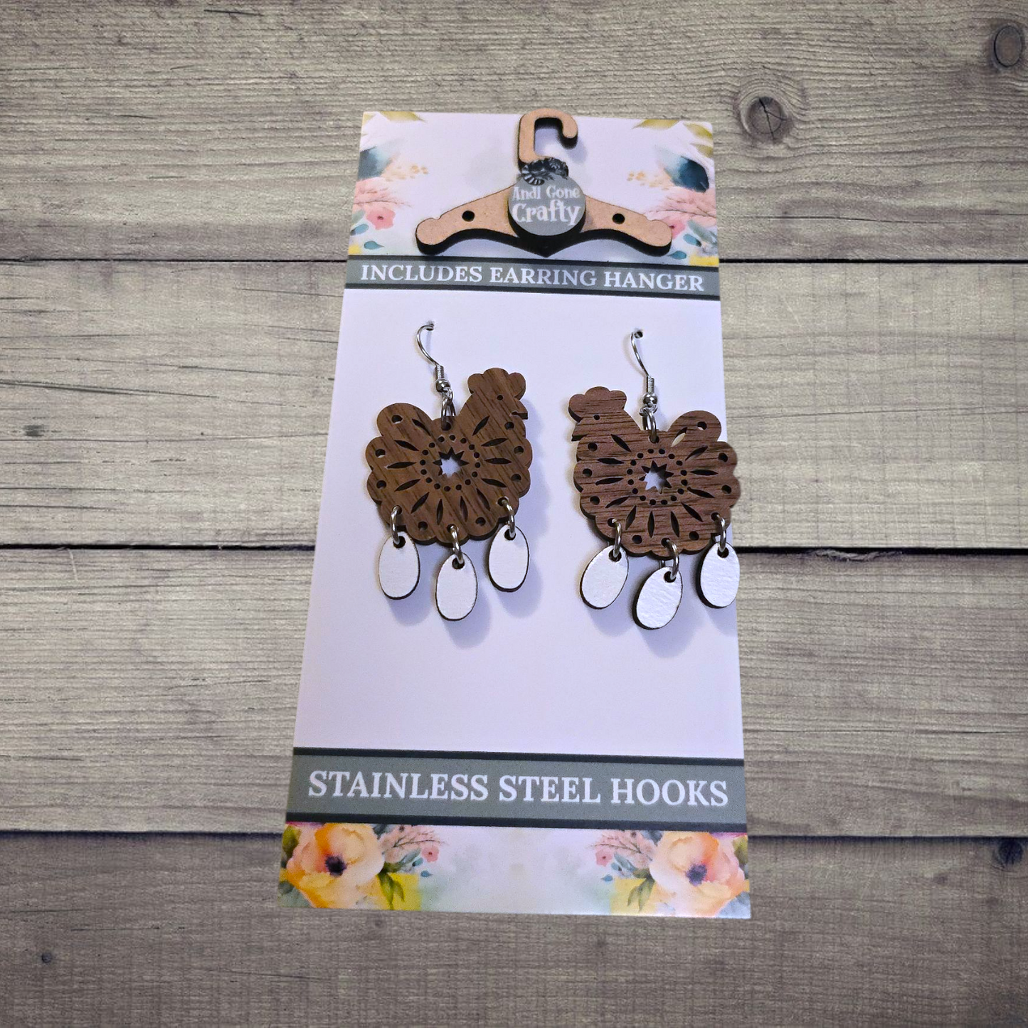 Chicken - (Lightweight Wood and Stainless Steel Hooks) -  Earring Number 300186