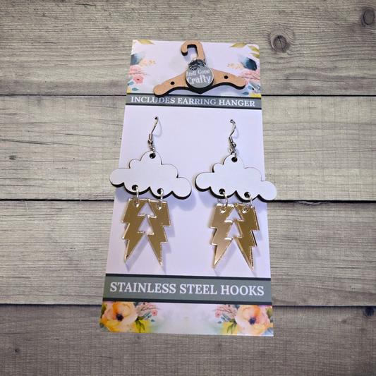 Cloud and Lightning - (Lightweight Wood and Stainless Steel Hooks) -  Earring Number 300194