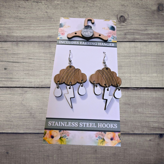 Cloud and Lightning - (Lightweight Wood and Stainless Steel Hooks) -  Earring Number 300198