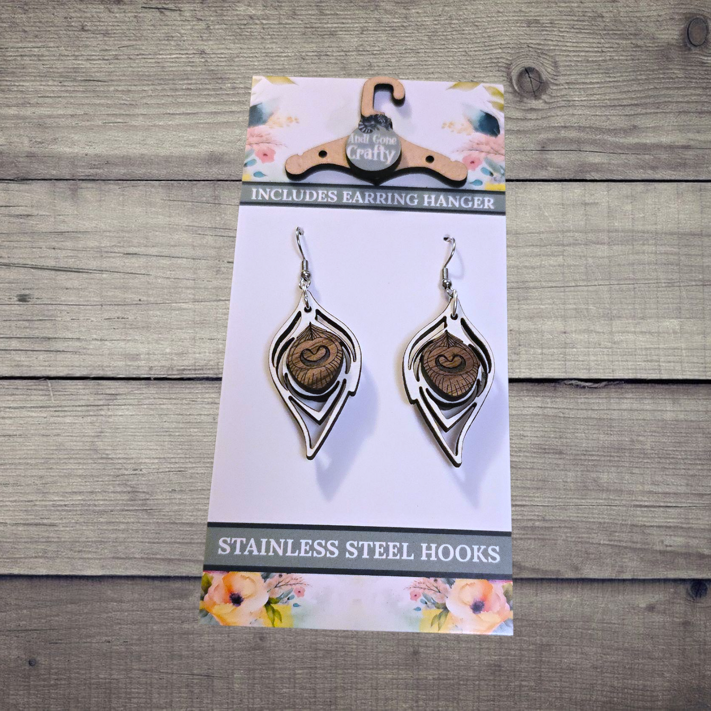 Feather - (Lightweight Wood and Stainless Steel Hooks) -  Earring Number 300144