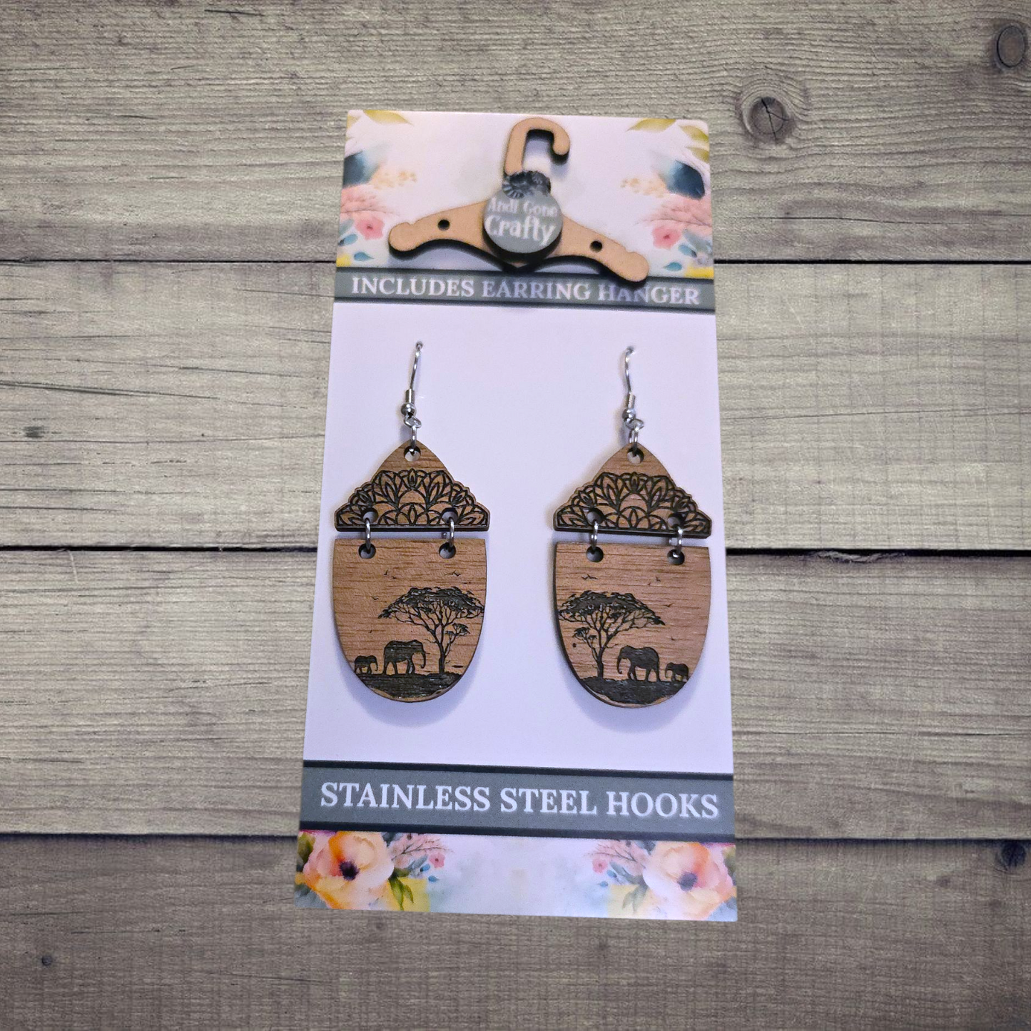 Elephant - (Lightweight Wood and Stainless Steel Hooks) -  Earring Number 300166