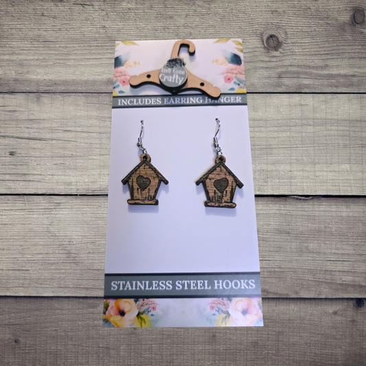 Bird House - (Lightweight Wood and Stainless Steel Hooks) -  Earring Number 300094