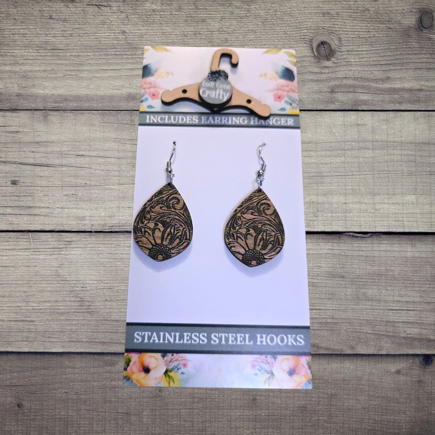 Flower - (Lightweight Wood and Stainless Steel Hooks) -  Earring Number 300112