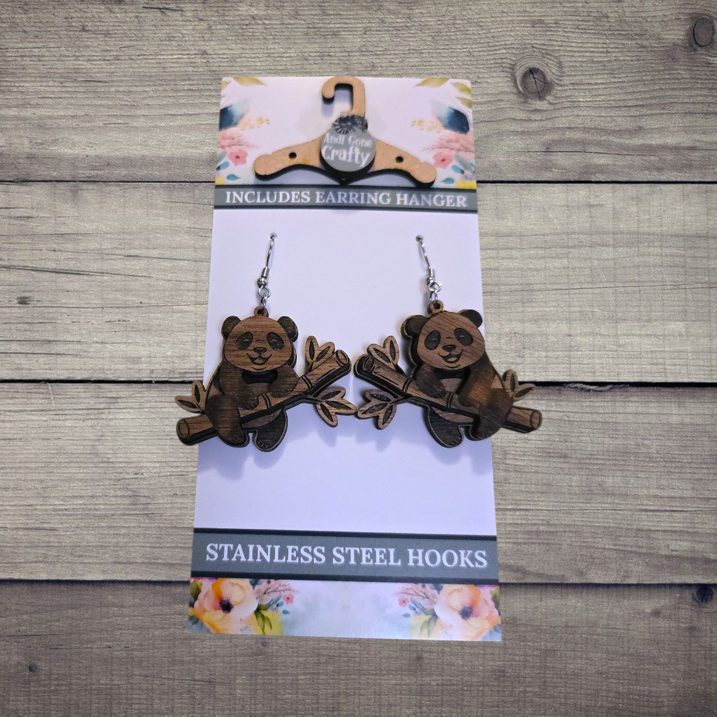 Giant Panda - (Lightweight Wood and Stainless Steel Hooks) -  Earring Number 300114
