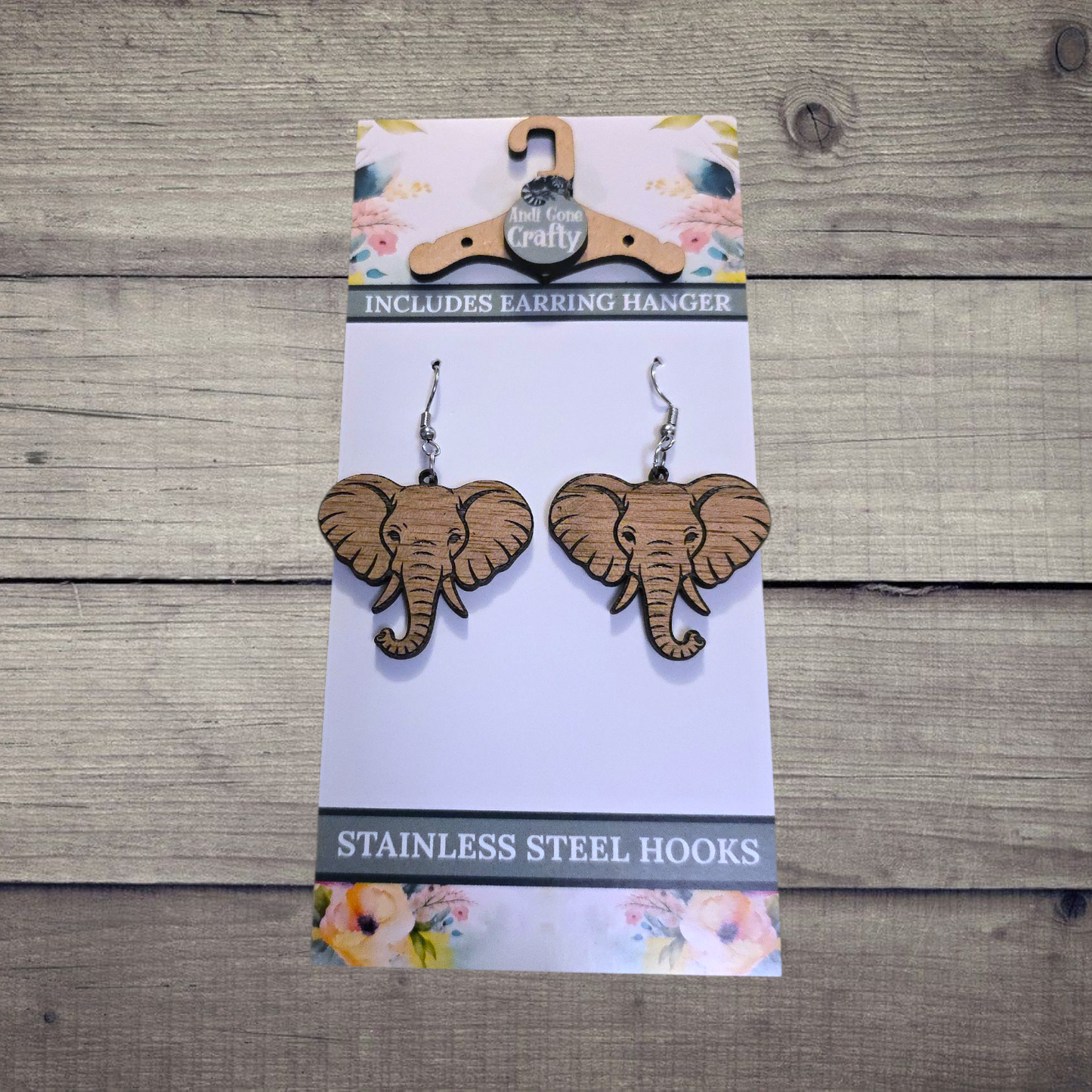 Elephant - (Lightweight Wood and Stainless Steel Hooks) -  Earring Number 300119