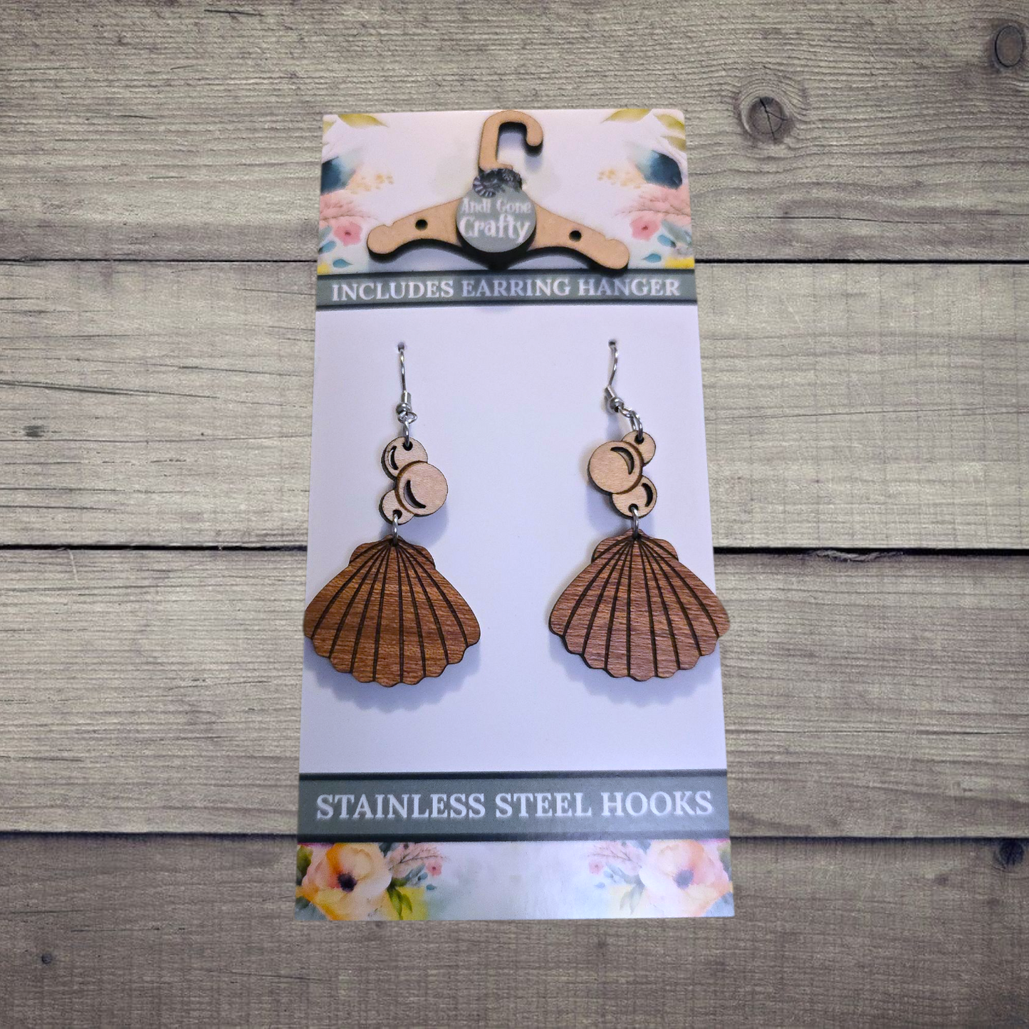 Shell - (Lightweight Wood and Stainless Steel Hooks) -  Earring Number 300122