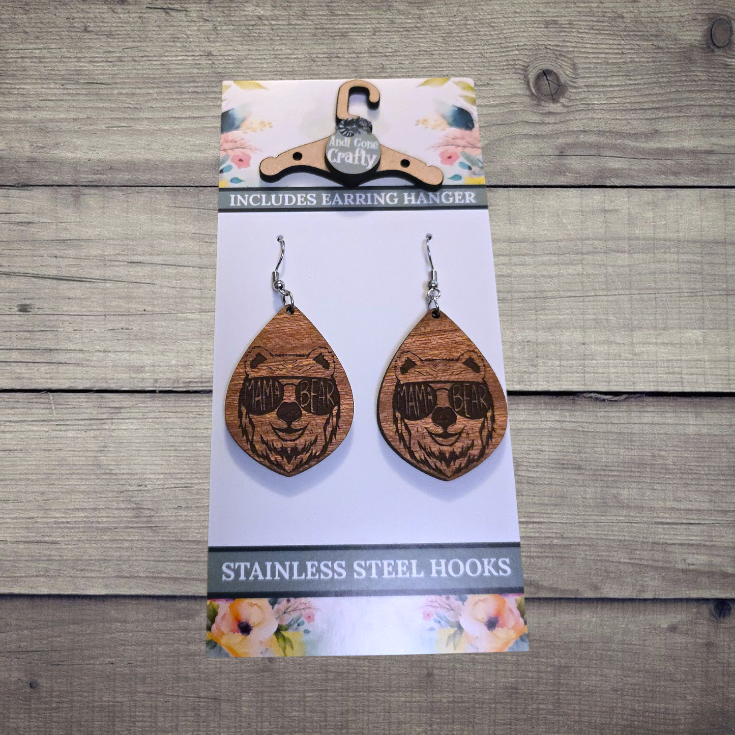 Mama Bear - (Lightweight Wood and Stainless Steel Hooks) -  Earring Number 300078