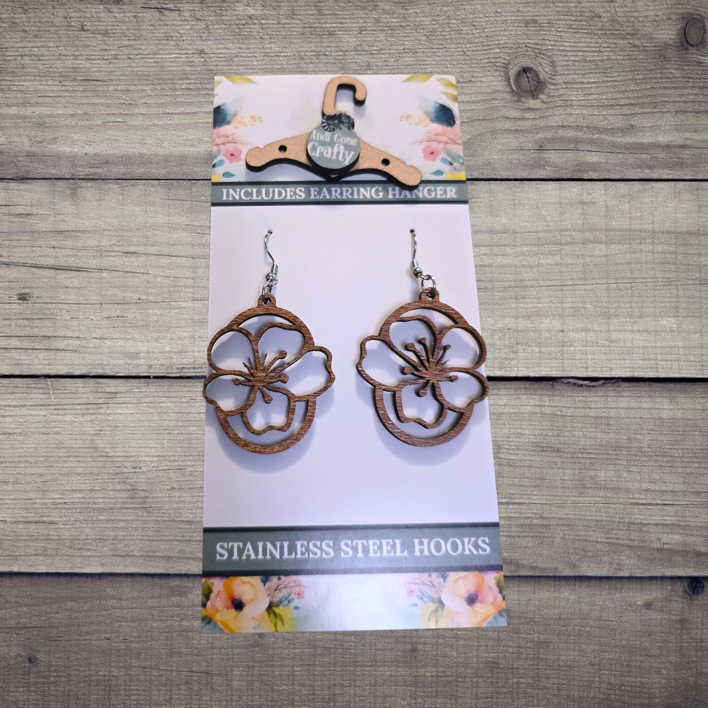 Flower - (Lightweight Wood and Stainless Steel Hooks) -  Earring Number 300080
