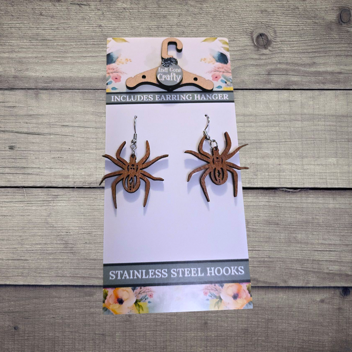 Spider- (Lightweight Wood and Stainless Steel Hooks) -  Earring Number 300084