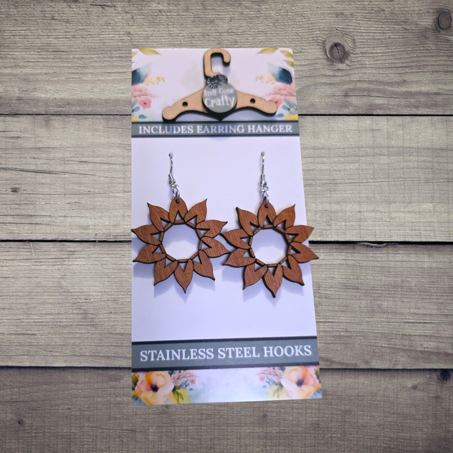 Flower - (Lightweight Wood and Stainless Steel Hooks) -  Earring Number 300090