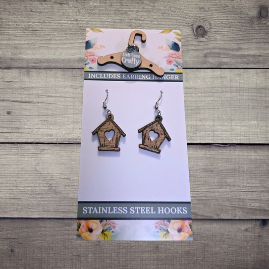 Bird House - (Lightweight Wood and Stainless Steel Hooks) -  Earring Number 300093