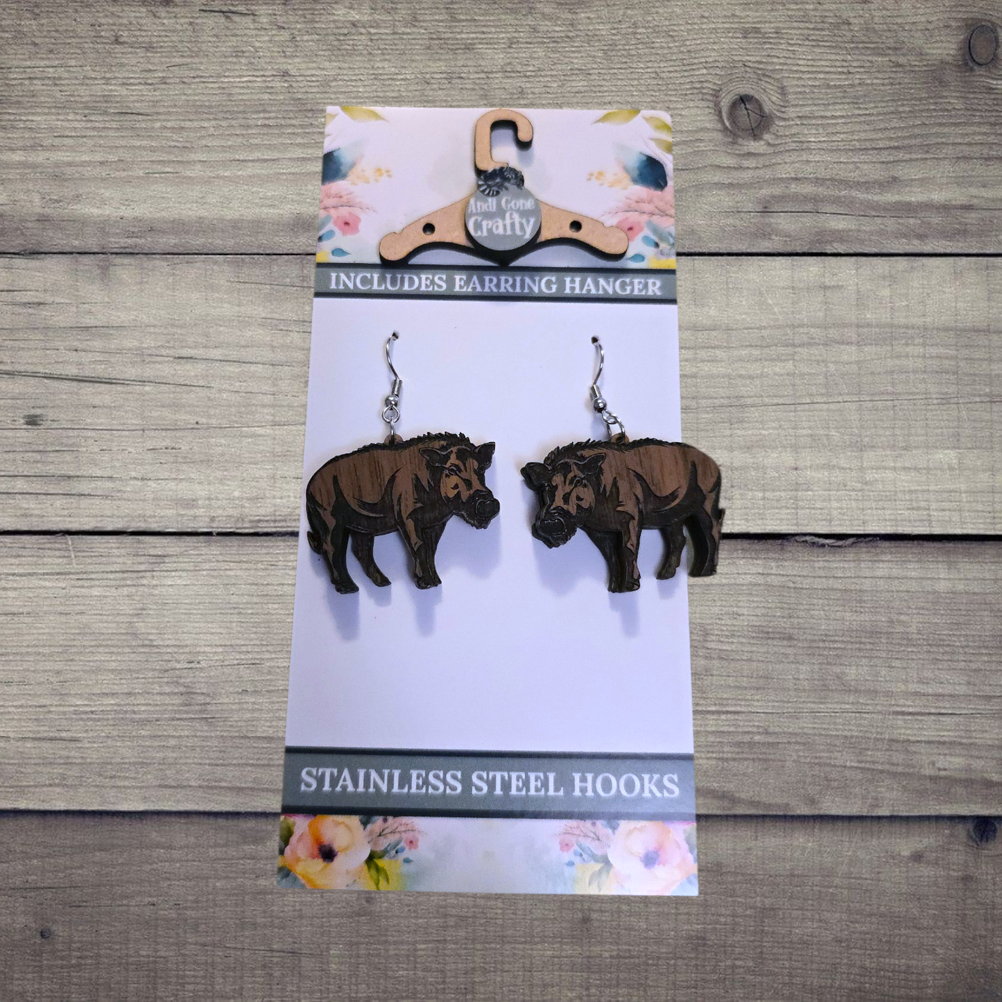 Warthog- (Lightweight Wood and Stainless Steel Hooks) -  Earring Number 300105