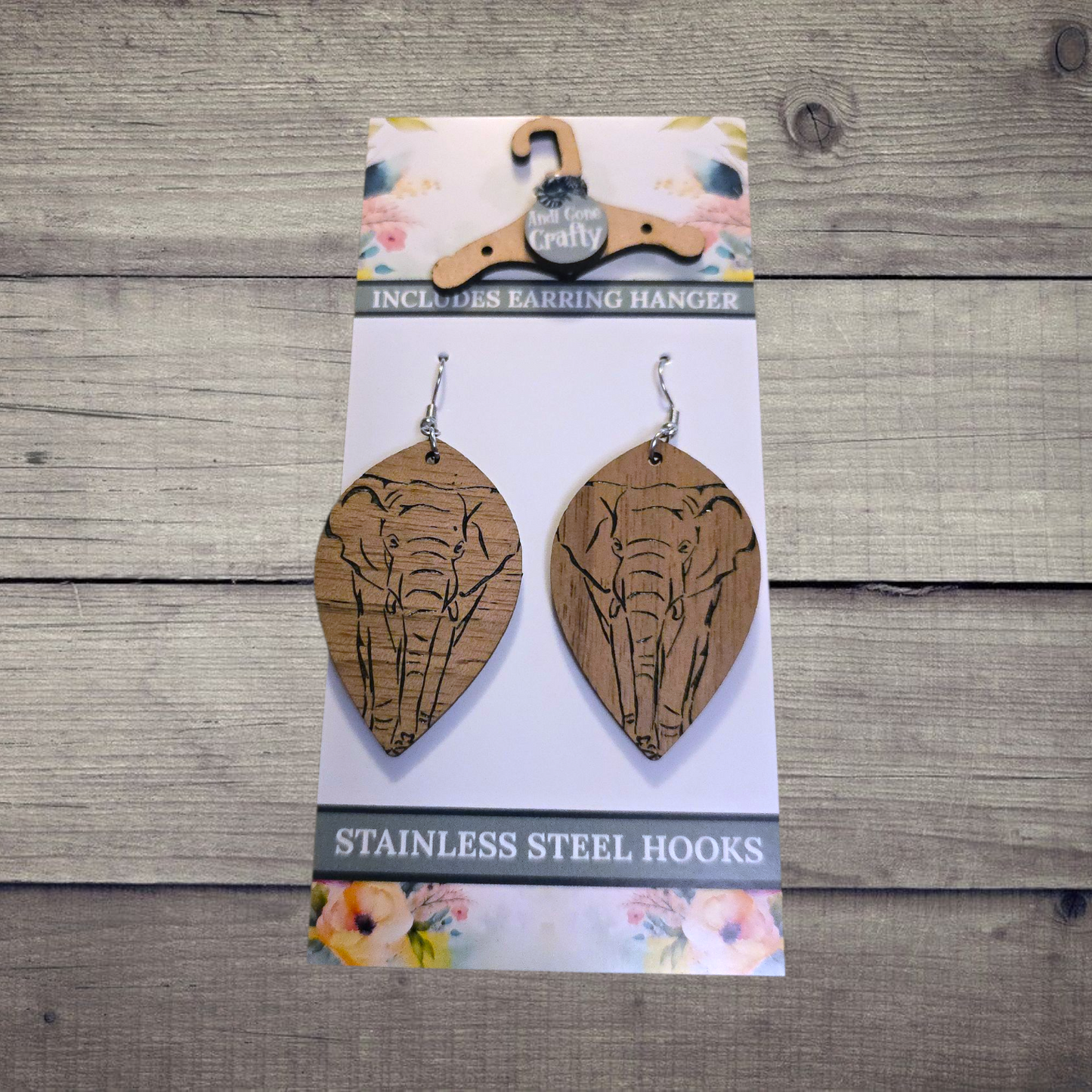 Elephant - (Lightweight Wood and Stainless Steel Hooks) -  Earring Number 300045