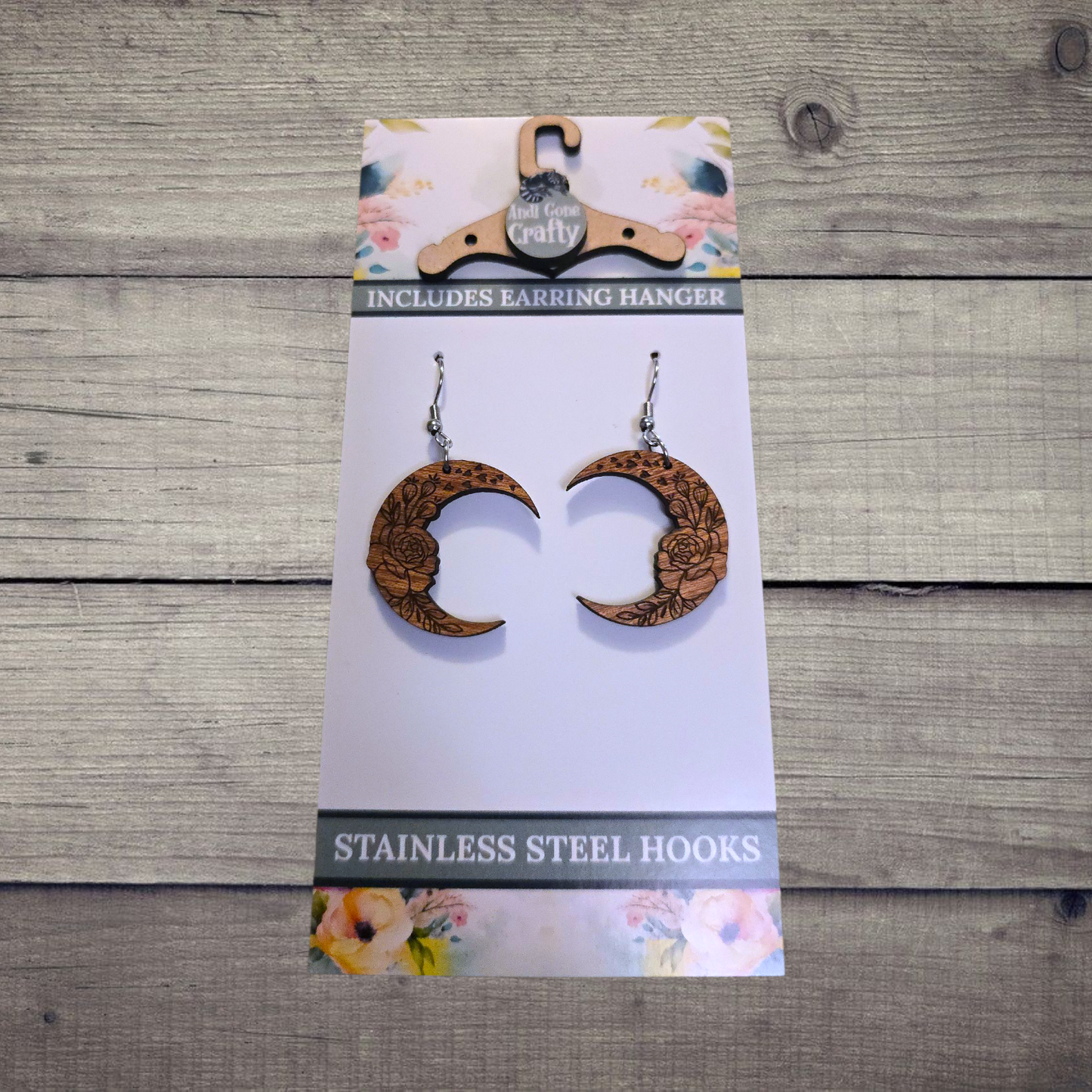 Moon - (Lightweight Wood and Stainless Steel Hooks) -  Earring Number 300047
