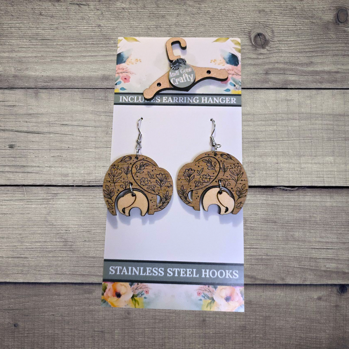 Elephant - (Lightweight Wood and Stainless Steel Hooks) -  Earring Number 300054