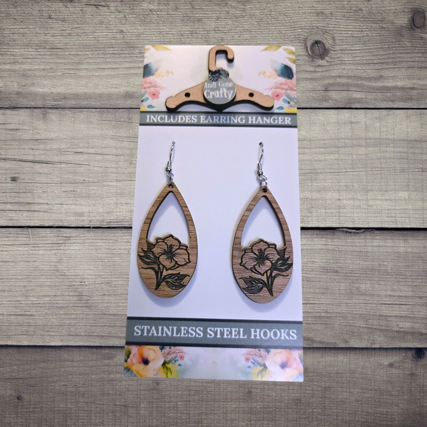 Flower - (Lightweight Wood and Stainless Steel Hooks) -  Earring Number 300061