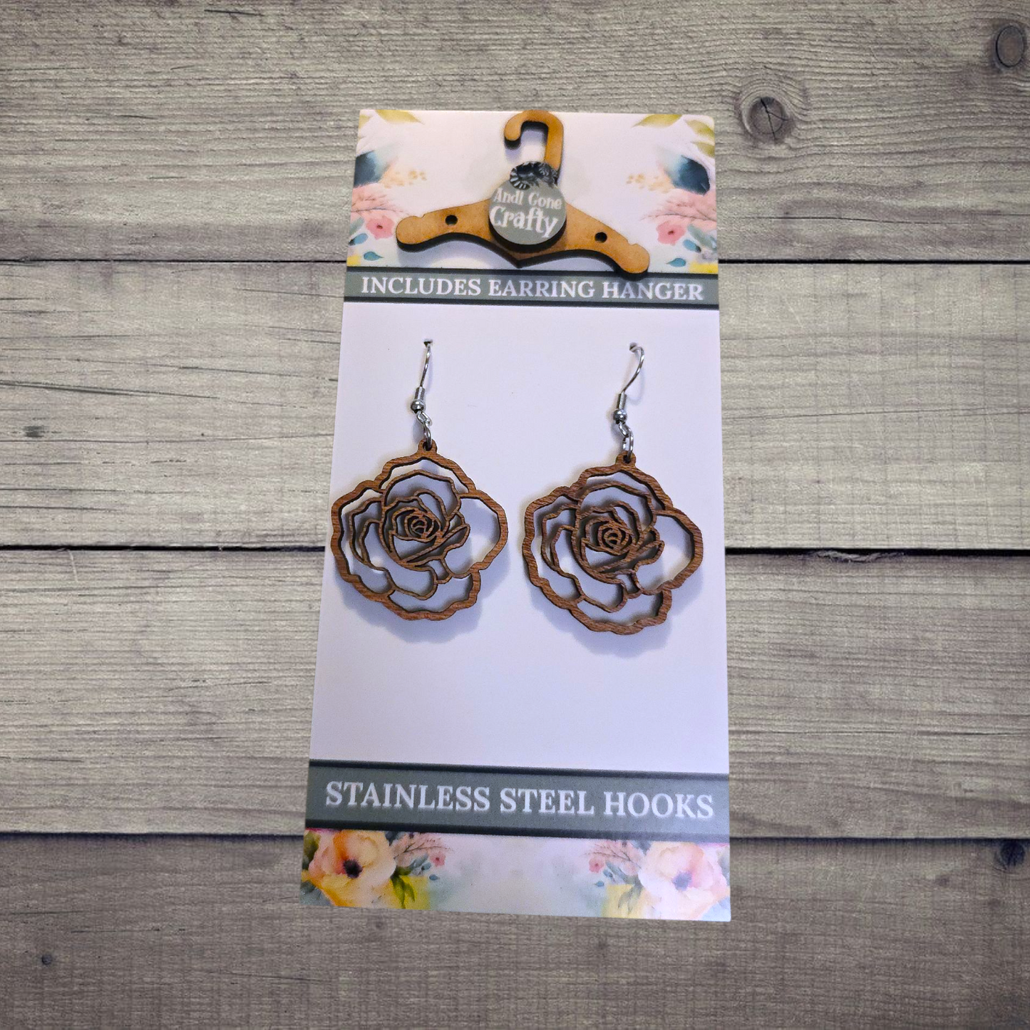 Flower - (Lightweight Wood and Stainless Steel Hooks) -  Earring Number 300063