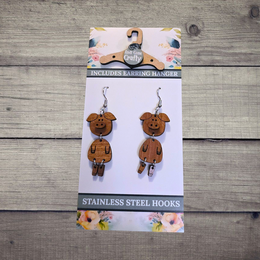 Pig - (Lightweight Wood and Stainless Steel Hooks) -  Earring Number 300010