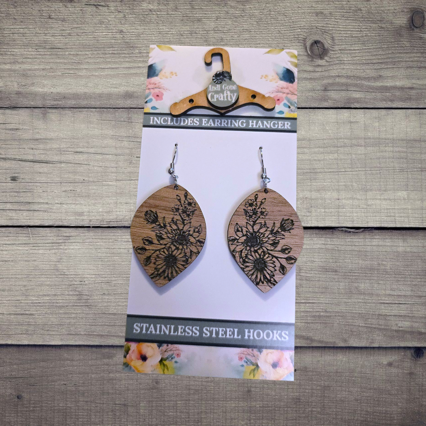 Flower - (Lightweight Wood and Stainless Steel Hooks) -  Earring Number 300014