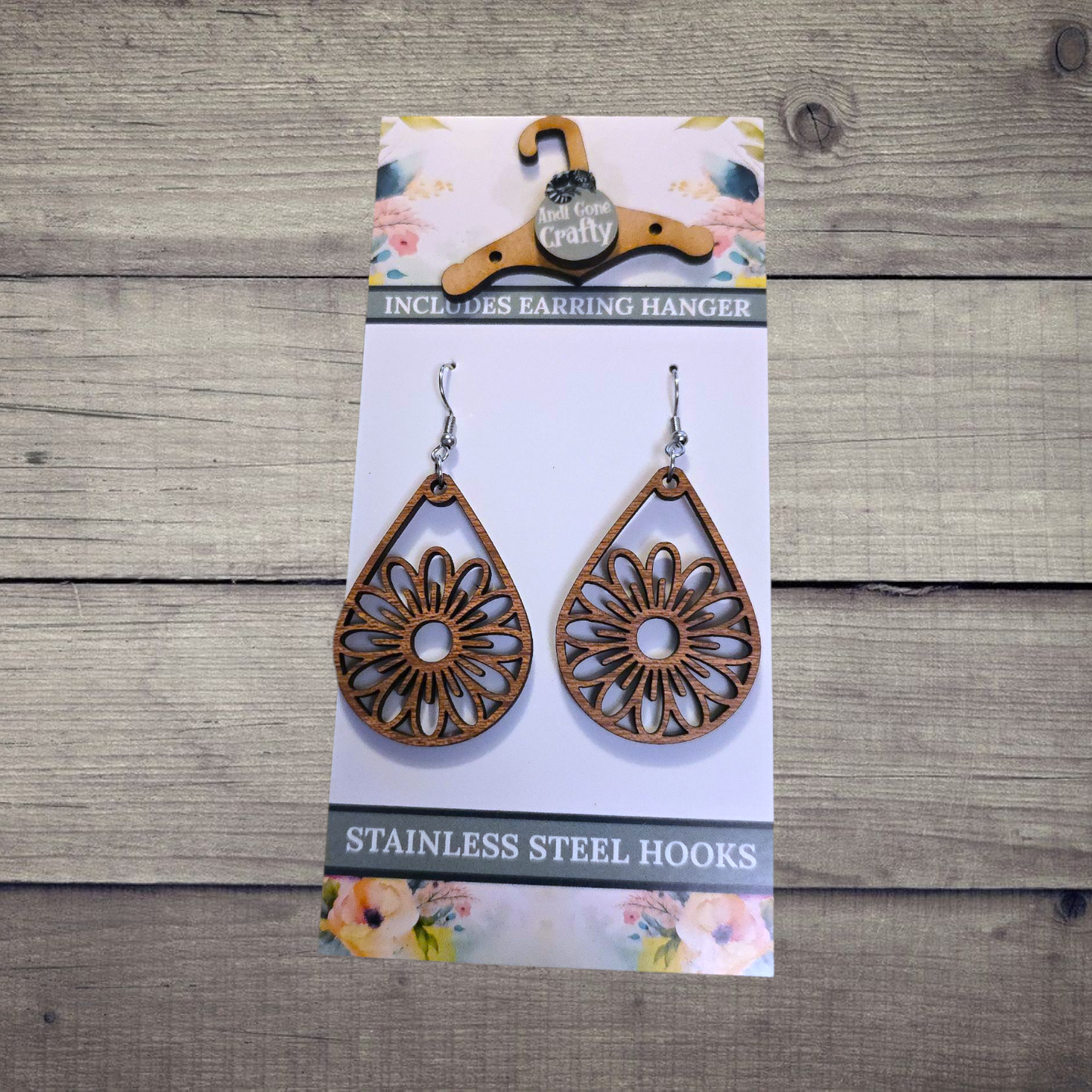 Flower - (Lightweight Wood and Stainless Steel Hooks) -  Earring Number 300015