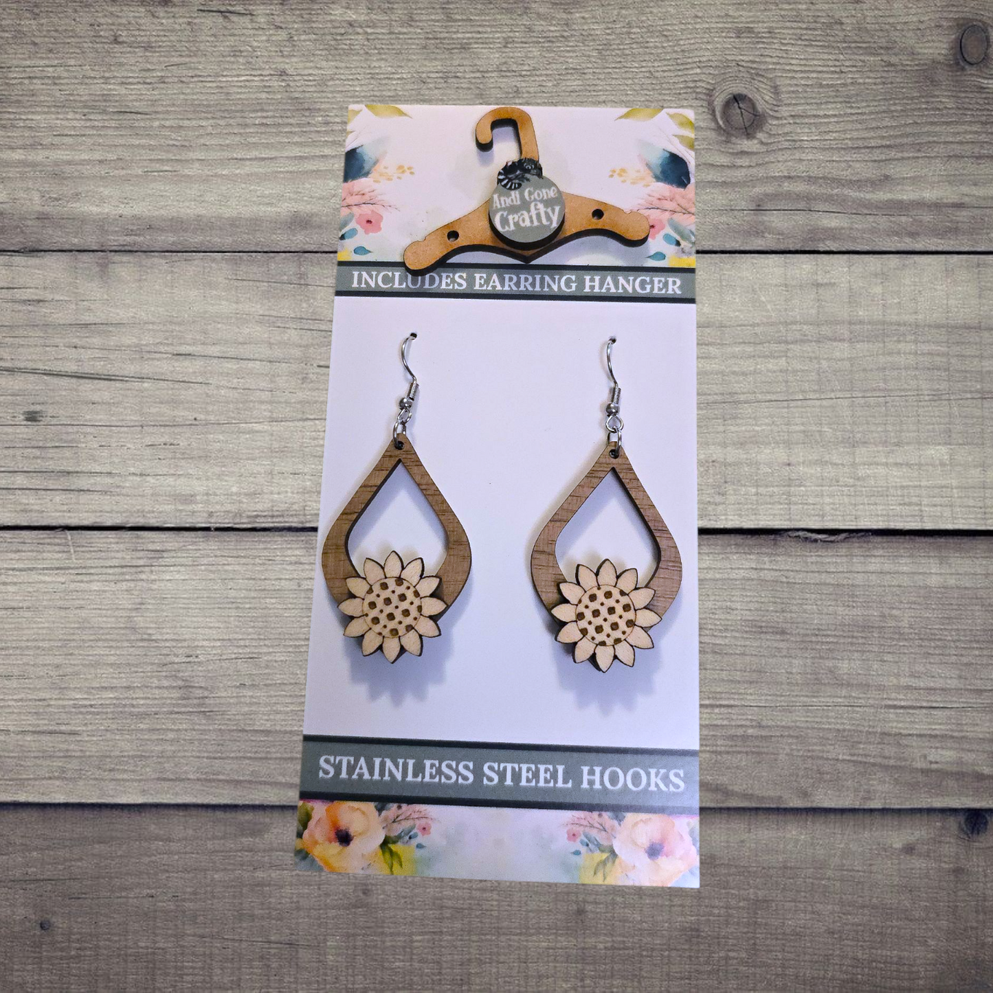 Flower - (Lightweight Wood and Stainless Steel Hooks) -  Earring Number 300018