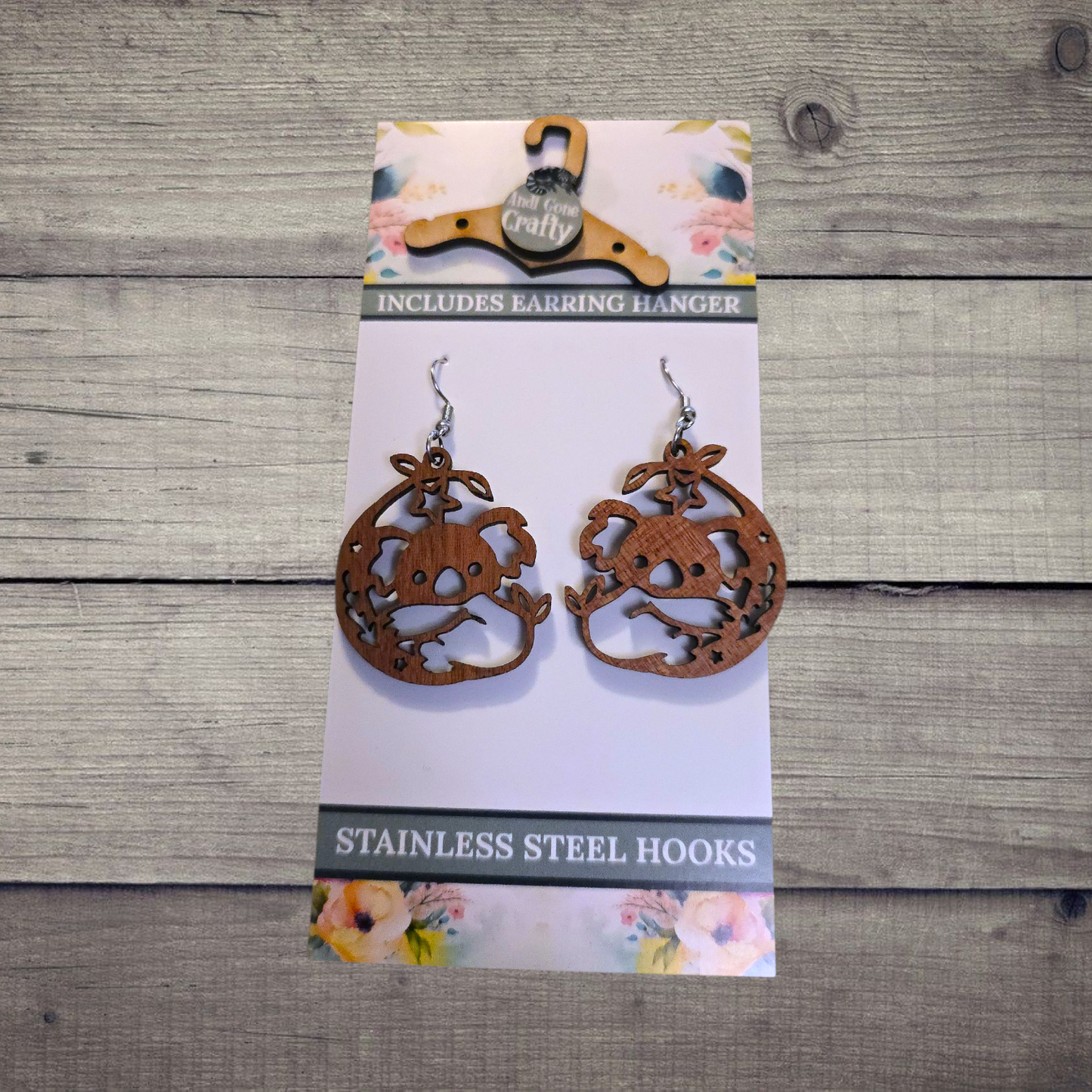 Koala w/ Star - (Lightweight Wood and Stainless Steel Hooks) -  Earring Number 300022