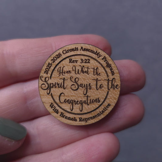 Hear what the spirit says to the congregation - 2025-2026 Assembly w/ branch rep - JW Pin - Cherry Wood
